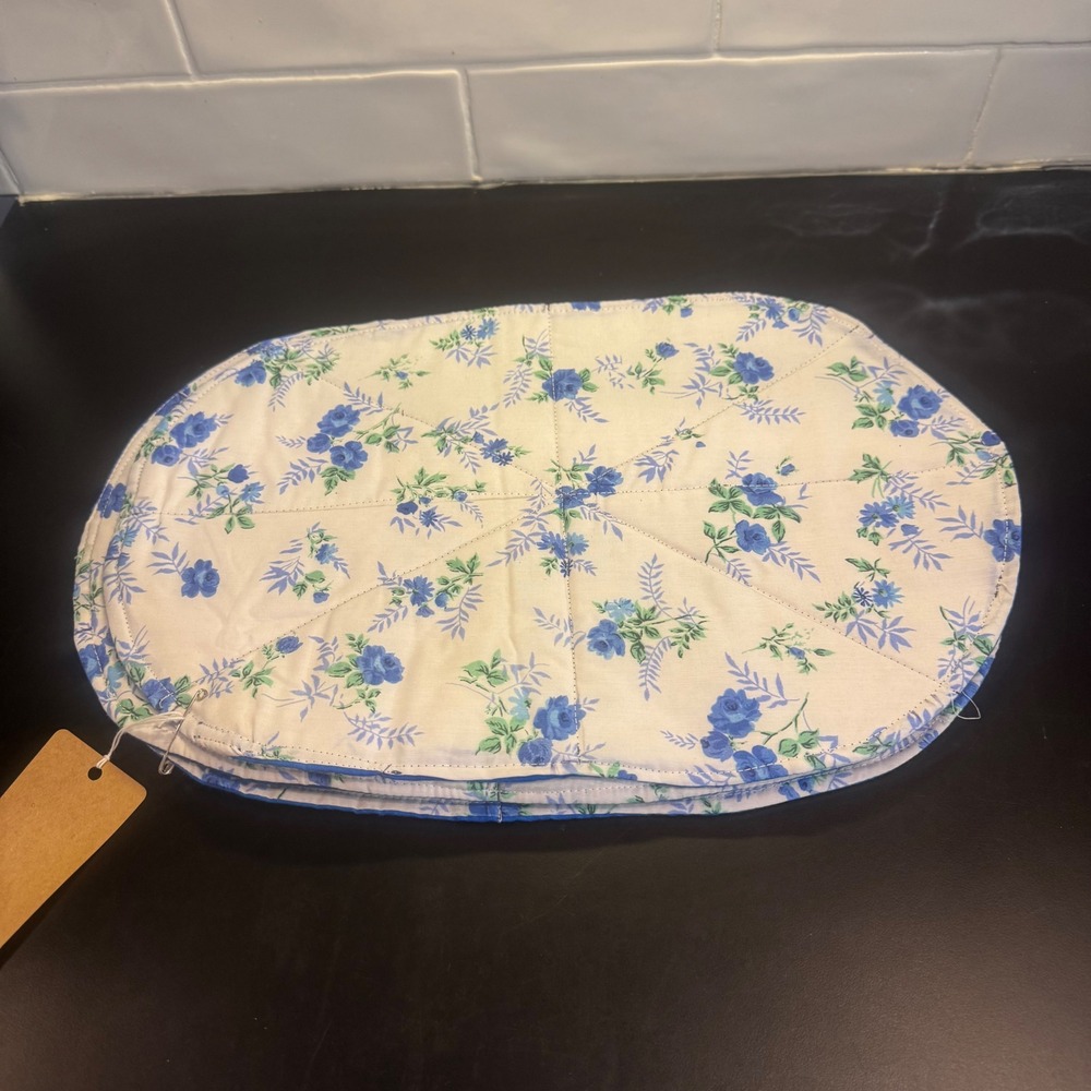 Handmade Quilted Placemats Set of 4 Blue Floral Reversible Oval Table Mats